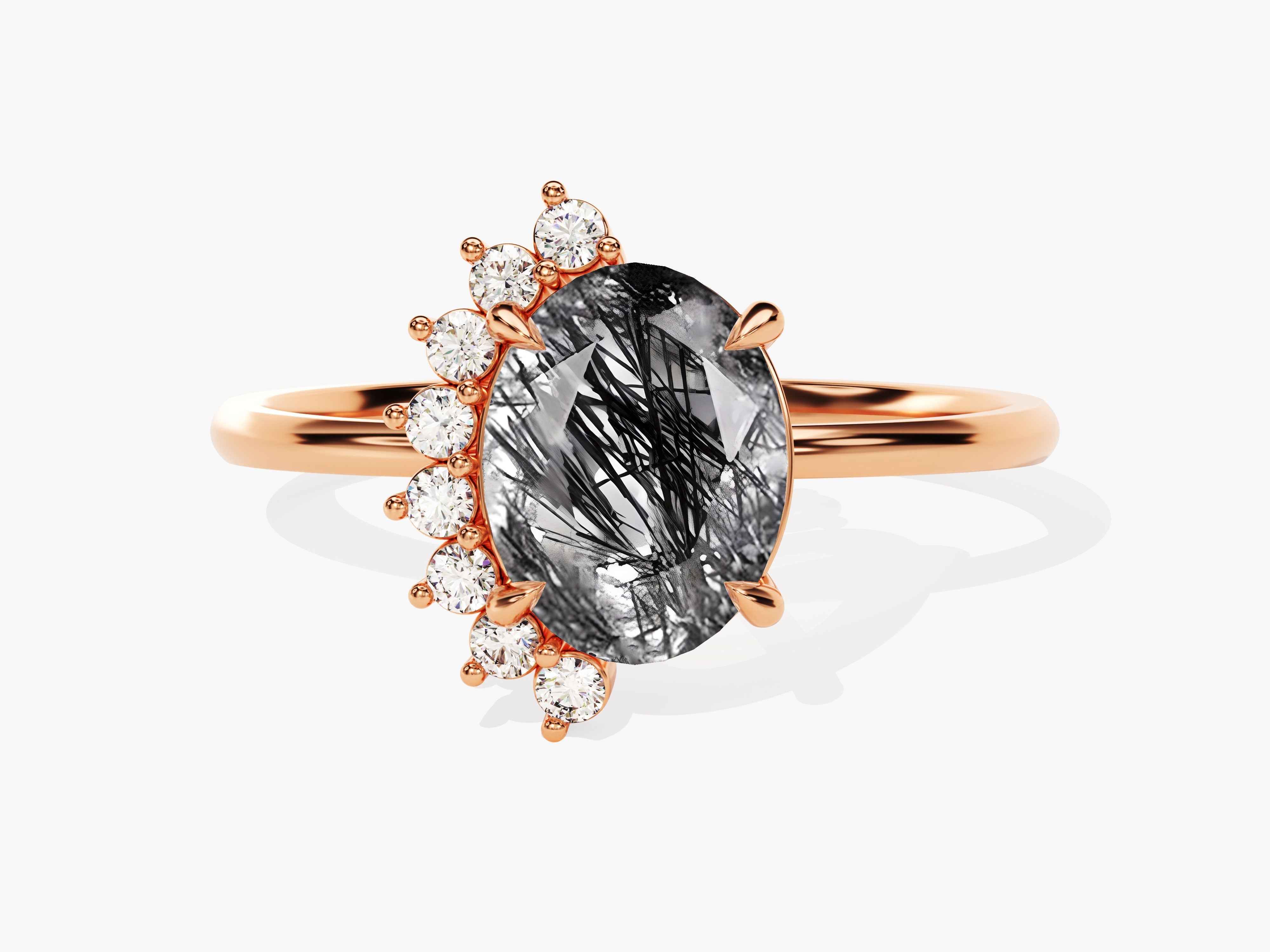 Oval Black Rutilated Quartz Engagement Ring with Round Moissanite Sidestones.