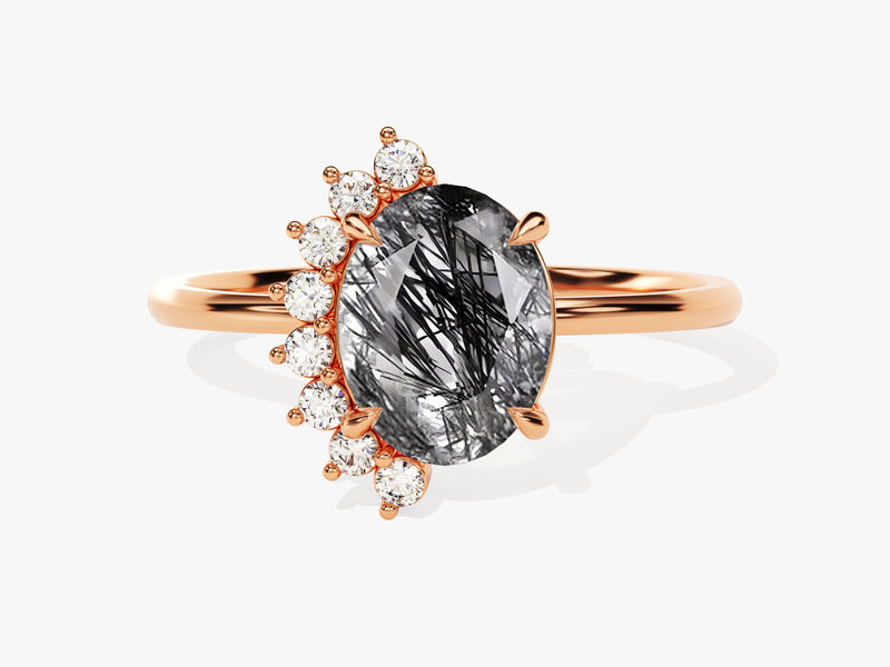 Oval Black Rutilated Quartz Engagement Ring with Round Moissanite Sidestones.