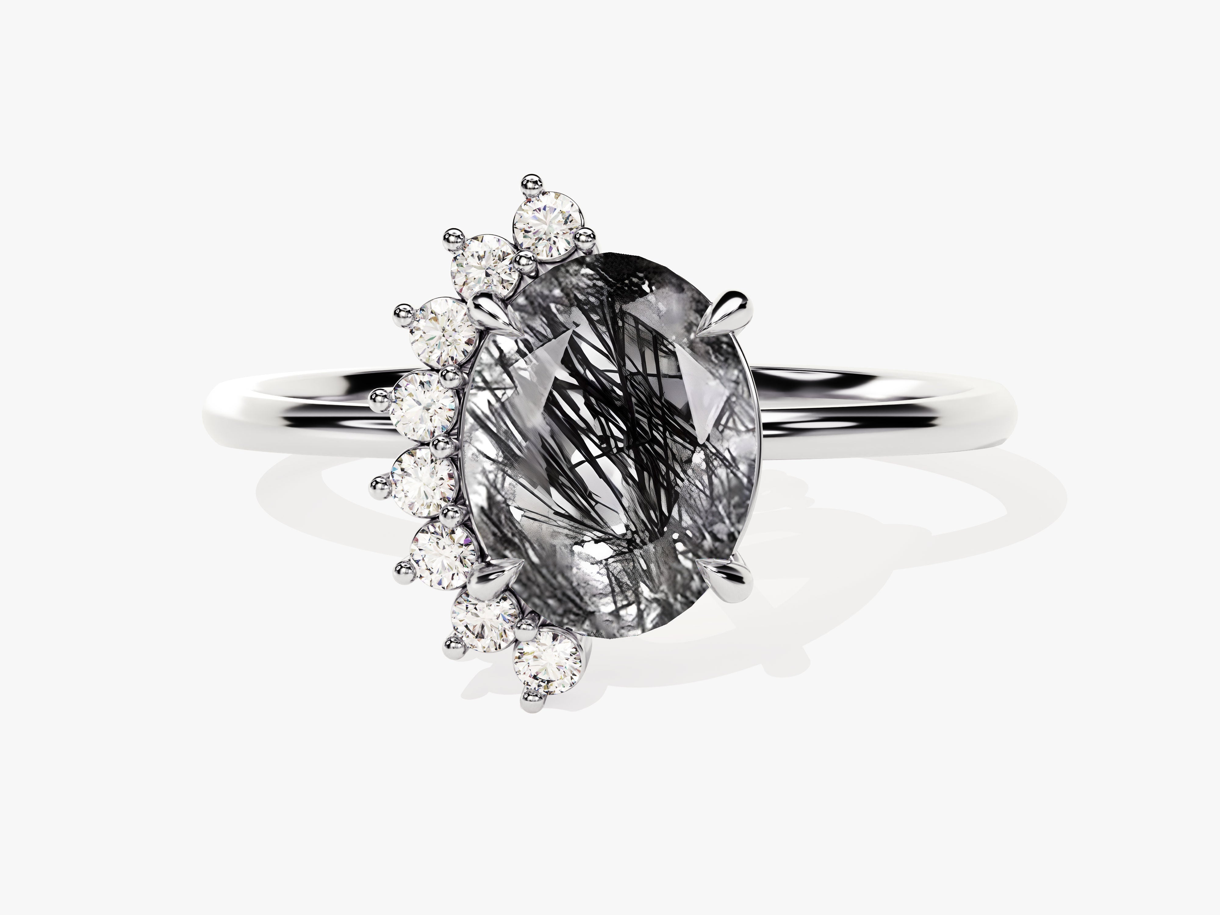 Oval Black Rutilated Quartz Engagement Ring with Round Moissanite Sidestones.