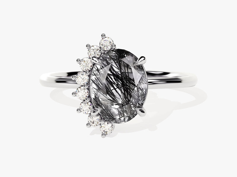 Oval Black Rutilated Quartz Engagement Ring with Round Moissanite Sidestones.