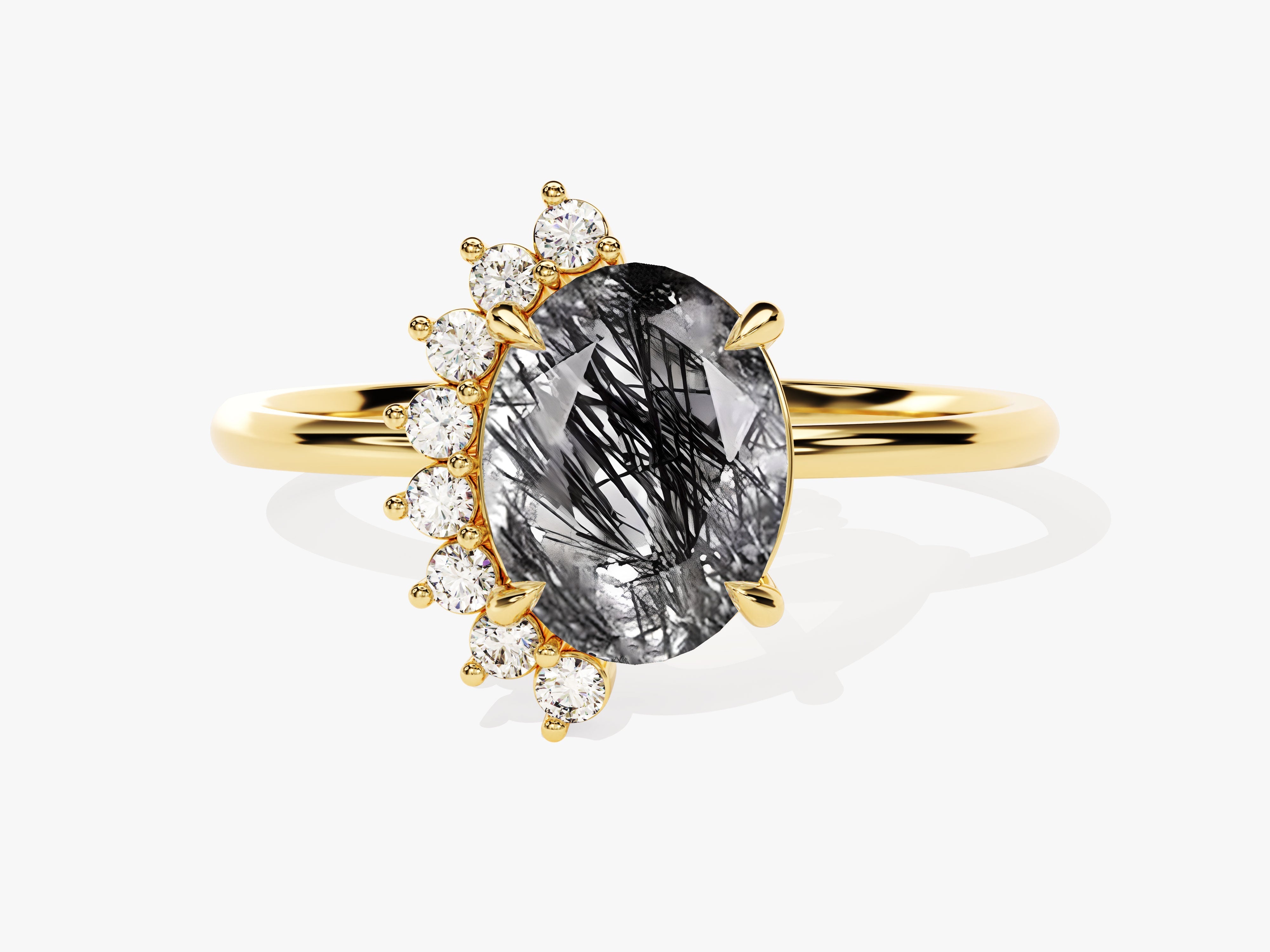 Oval Black Rutilated Quartz Engagement Ring with Round Moissanite Sidestones.