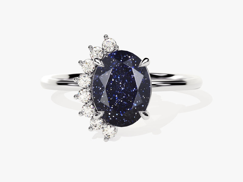 Oval Blue Sandstone Engagement Ring with Round Moissanite Sidestones.