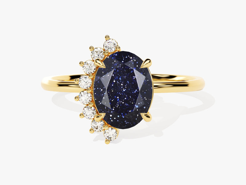 Oval Blue Sandstone Engagement Ring with Round Moissanite Sidestones.