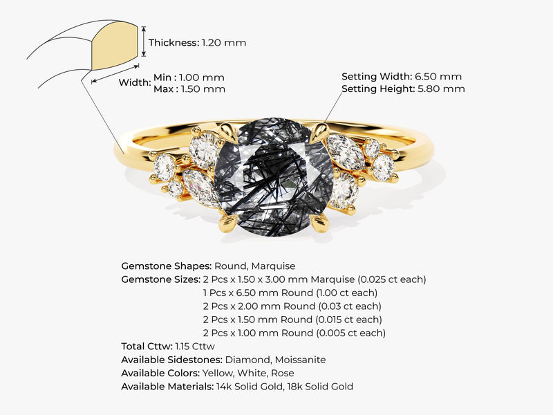 Round Black Rutilated Quartz Engagement Ring with Moissanite Cluster