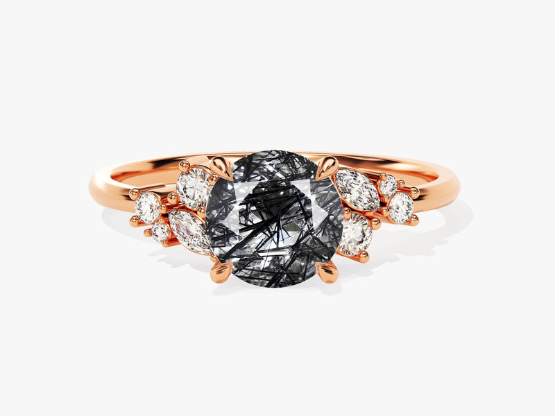 Round Black Rutilated Quartz Engagement Ring with Moissanite Cluster