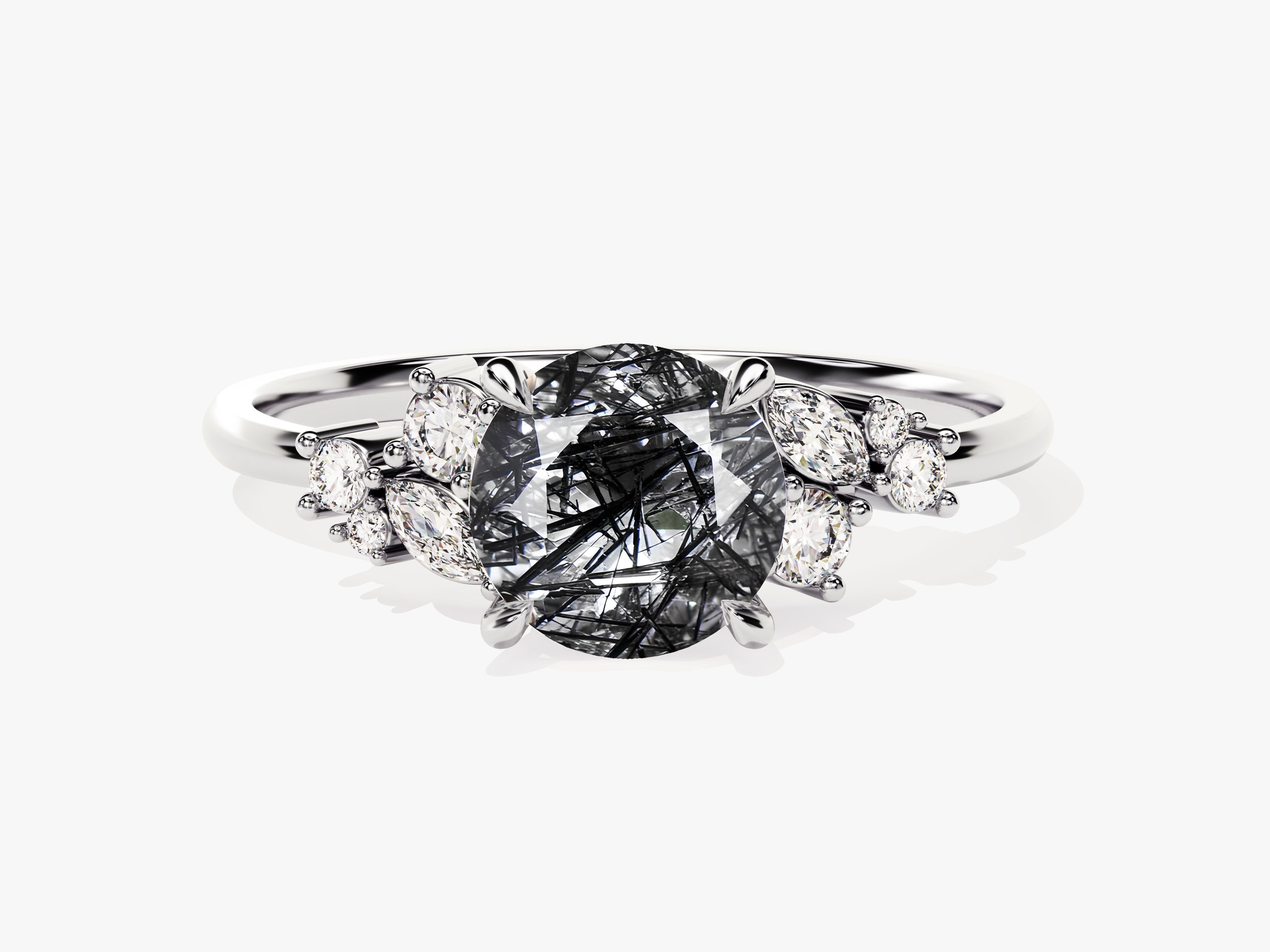 Round Black Rutilated Quartz Engagement Ring with Moissanite Cluster
