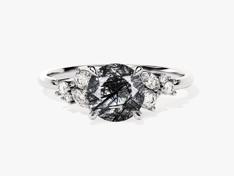 Round Black Rutilated Quartz Engagement Ring with Moissanite Cluster