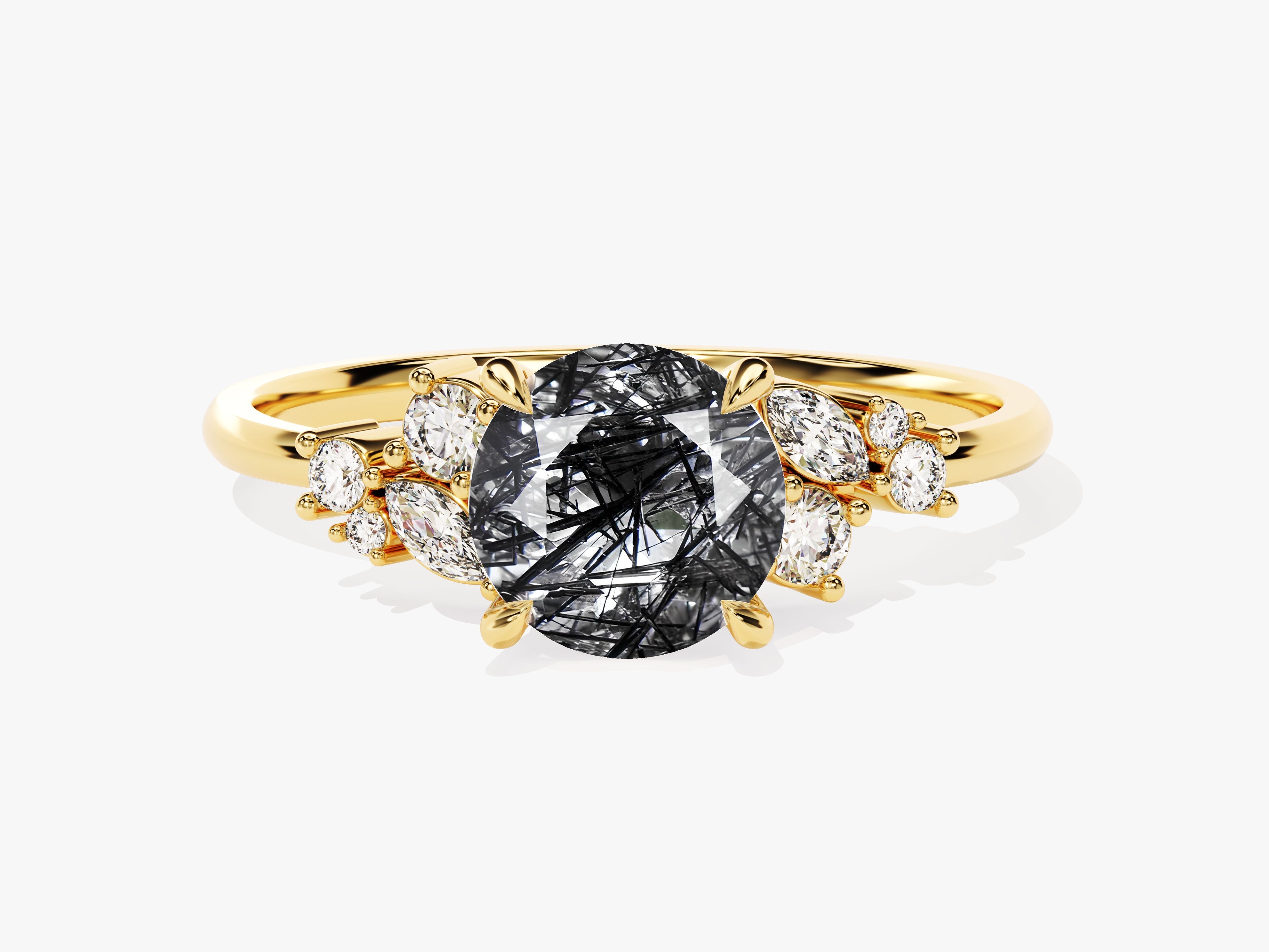 Round Black Rutilated Quartz Engagement Ring with Moissanite Cluster