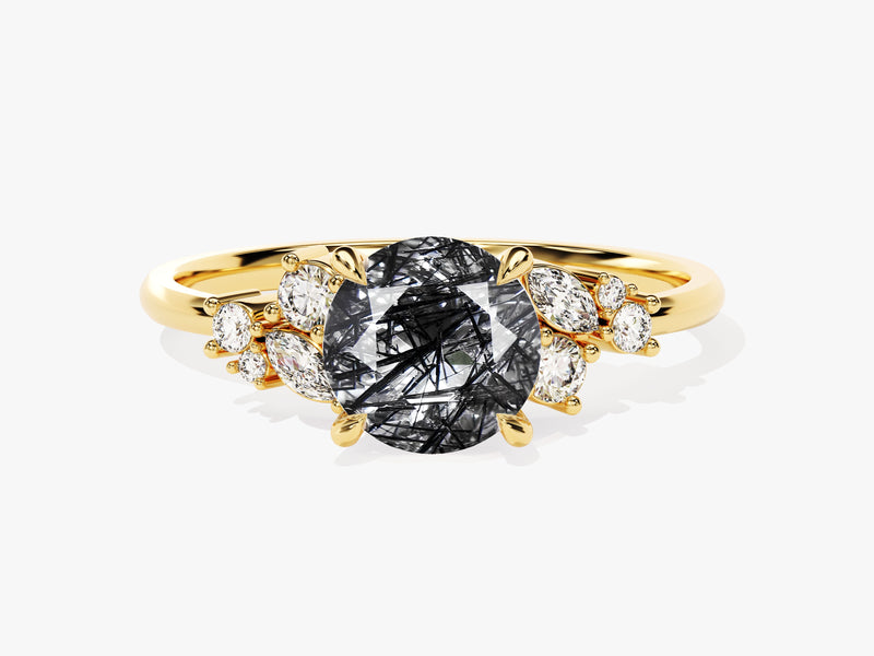 Round Black Rutilated Quartz Engagement Ring with Moissanite Cluster