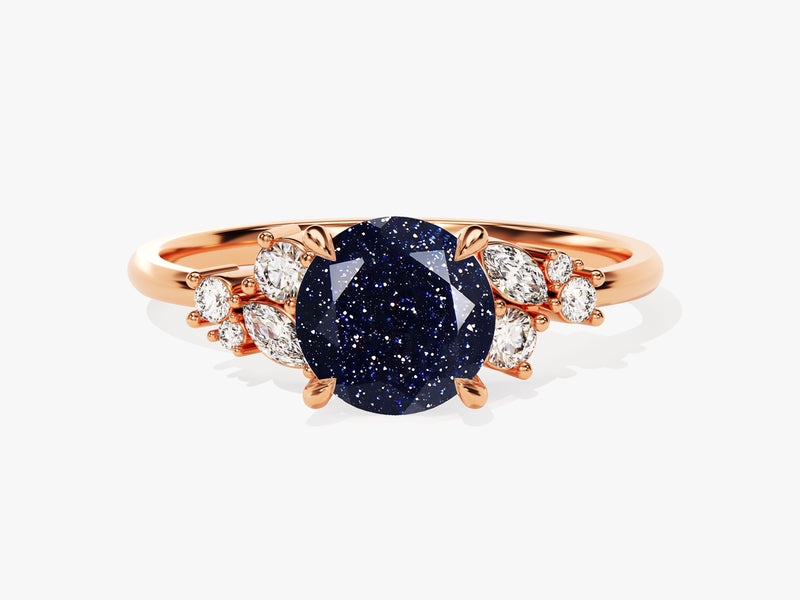 Round Blue Sandstone Engagement Ring with Moissanite Cluster.
