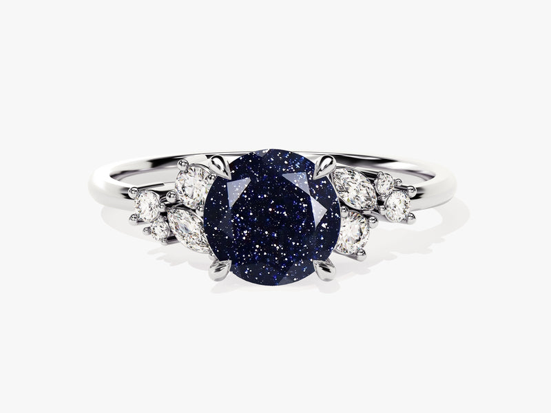 Round Blue Sandstone Engagement Ring with Moissanite Cluster.