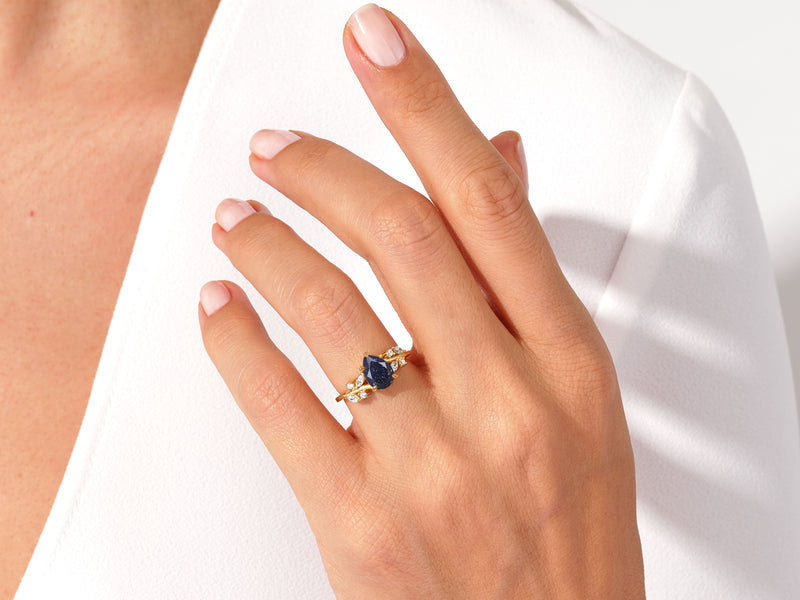 Pear Blue Sandstone Engagement Ring with Moissanite Cluster.