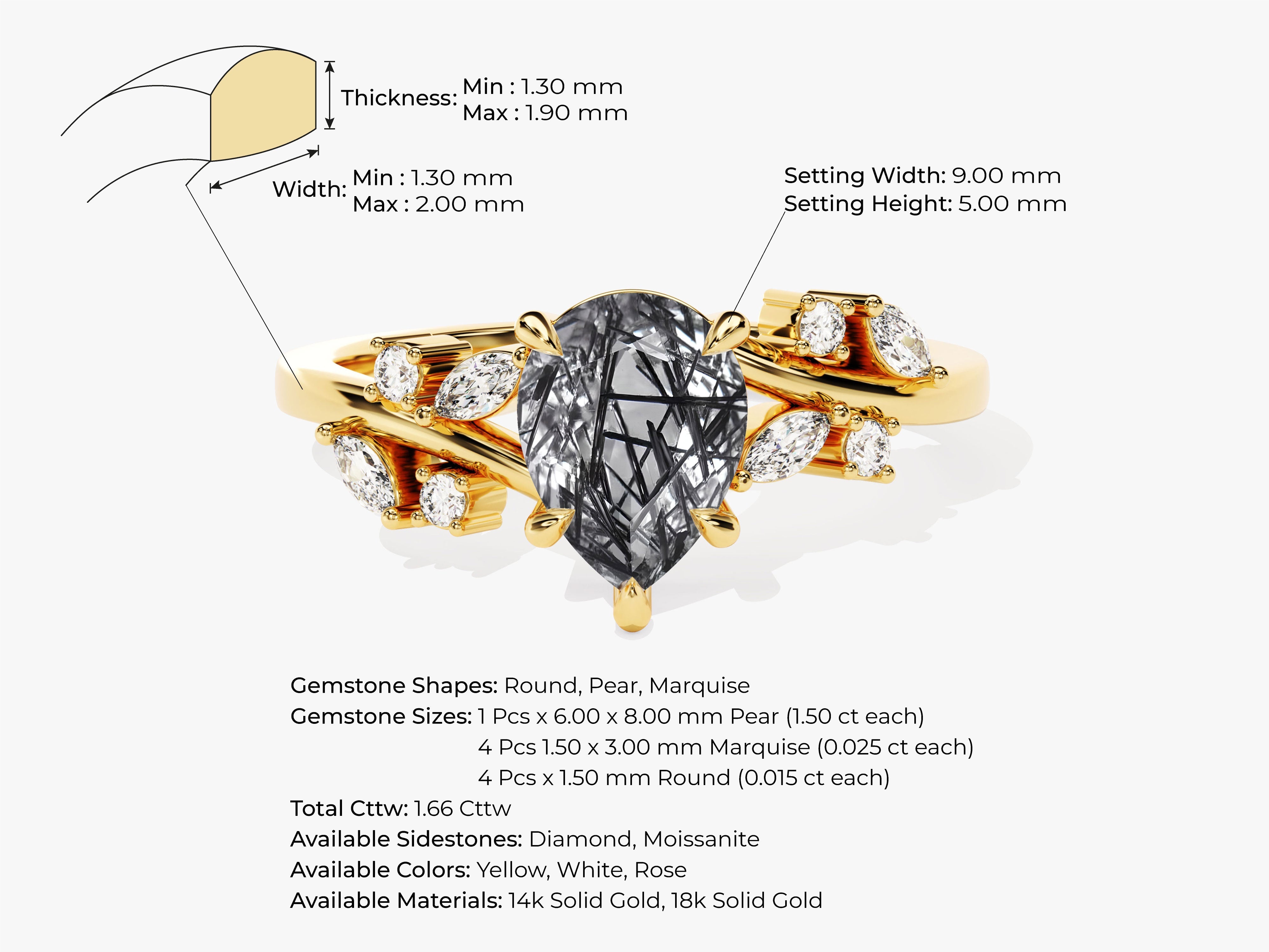 Pear Black Rutilated Quartz Engagement Ring with Moissanite Cluster.