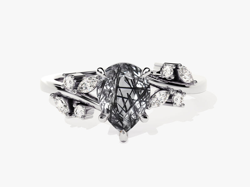Pear Black Rutilated Quartz Engagement Ring with Moissanite Cluster.