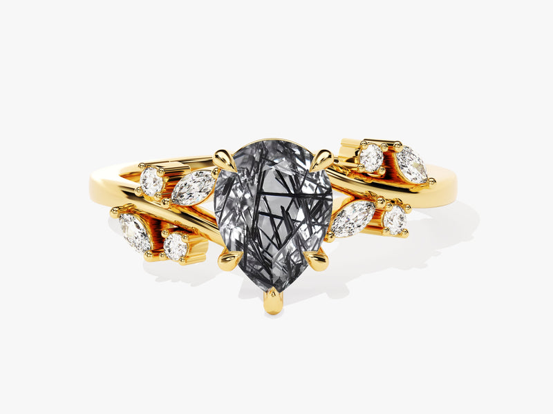 Pear Black Rutilated Quartz Engagement Ring with Moissanite Cluster.