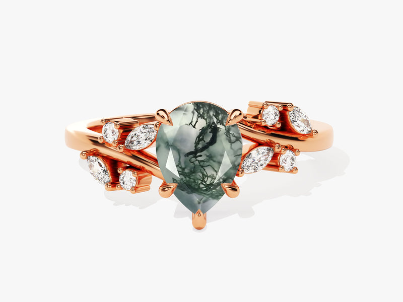 Pear Moss Agate Engagement Ring with Moissanite Cluster