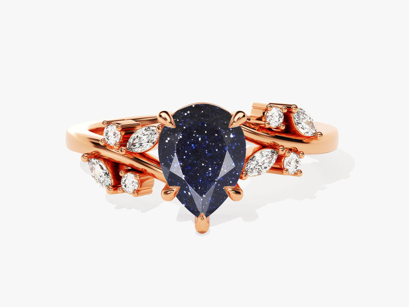 Pear Blue Sandstone Engagement Ring with Moissanite Cluster.