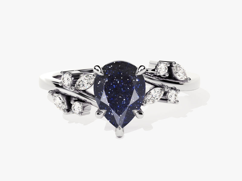 Pear Blue Sandstone Engagement Ring with Moissanite Cluster.
