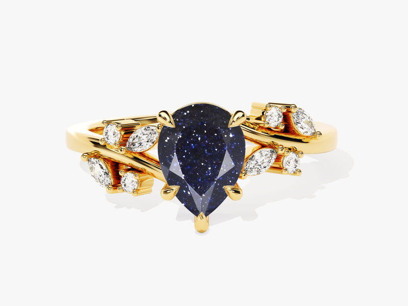 Pear Blue Sandstone Engagement Ring with Moissanite Cluster.