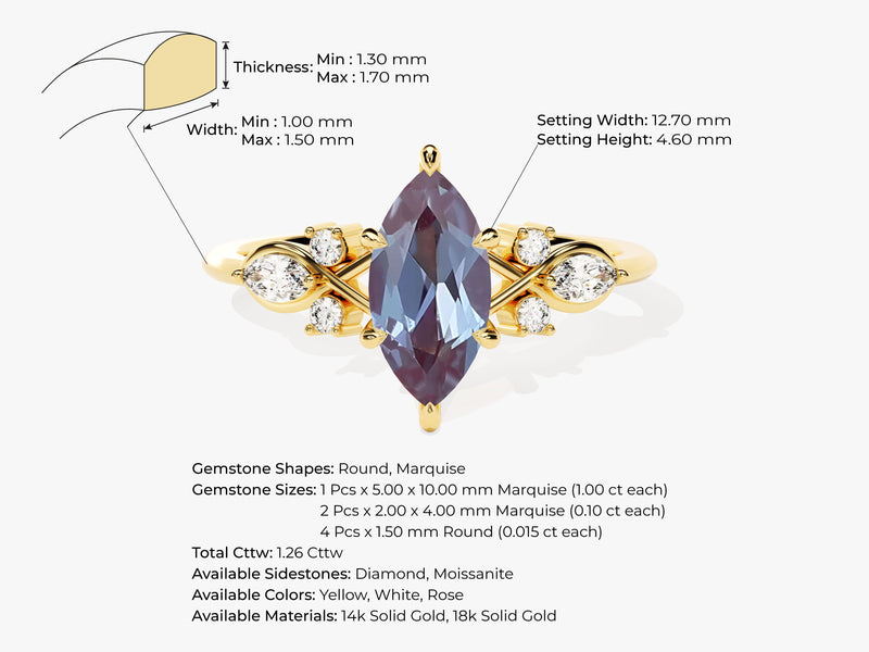 Marquise Lab Alexandrite Engagement Ring with Moissanite Cluster