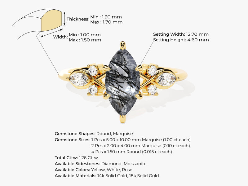 Marquise Black Rutilated Quartz Engagement Ring with Moissanite Cluster