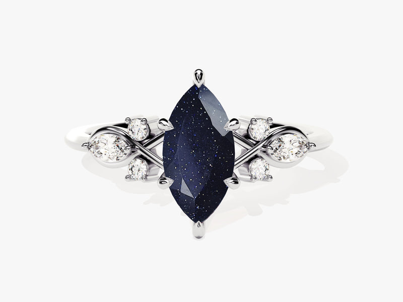 Marquise Blue Sandstone Engagement Ring with Moissanite Cluster.