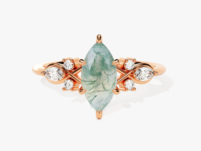 Marquise Moss Agate Engagement Ring with Moissanite Cluster