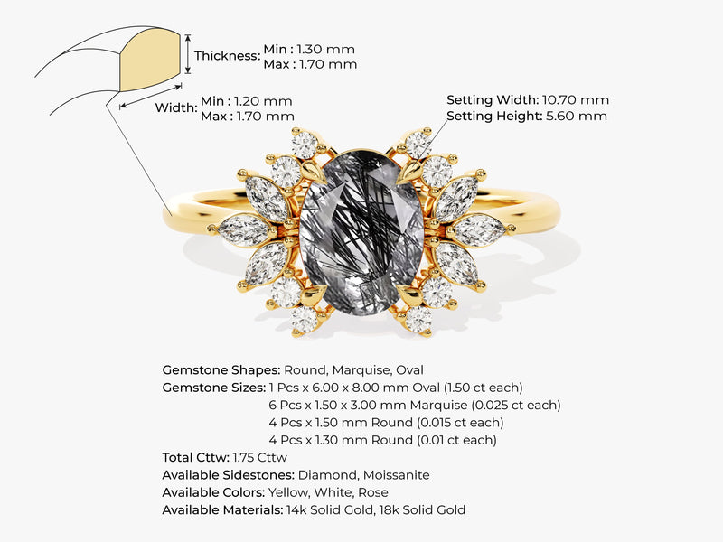 Oval Black Rutilated Quartz Engagement Ring with Moissanite Cluster.