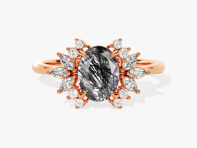 Oval Black Rutilated Quartz Engagement Ring with Moissanite Cluster.
