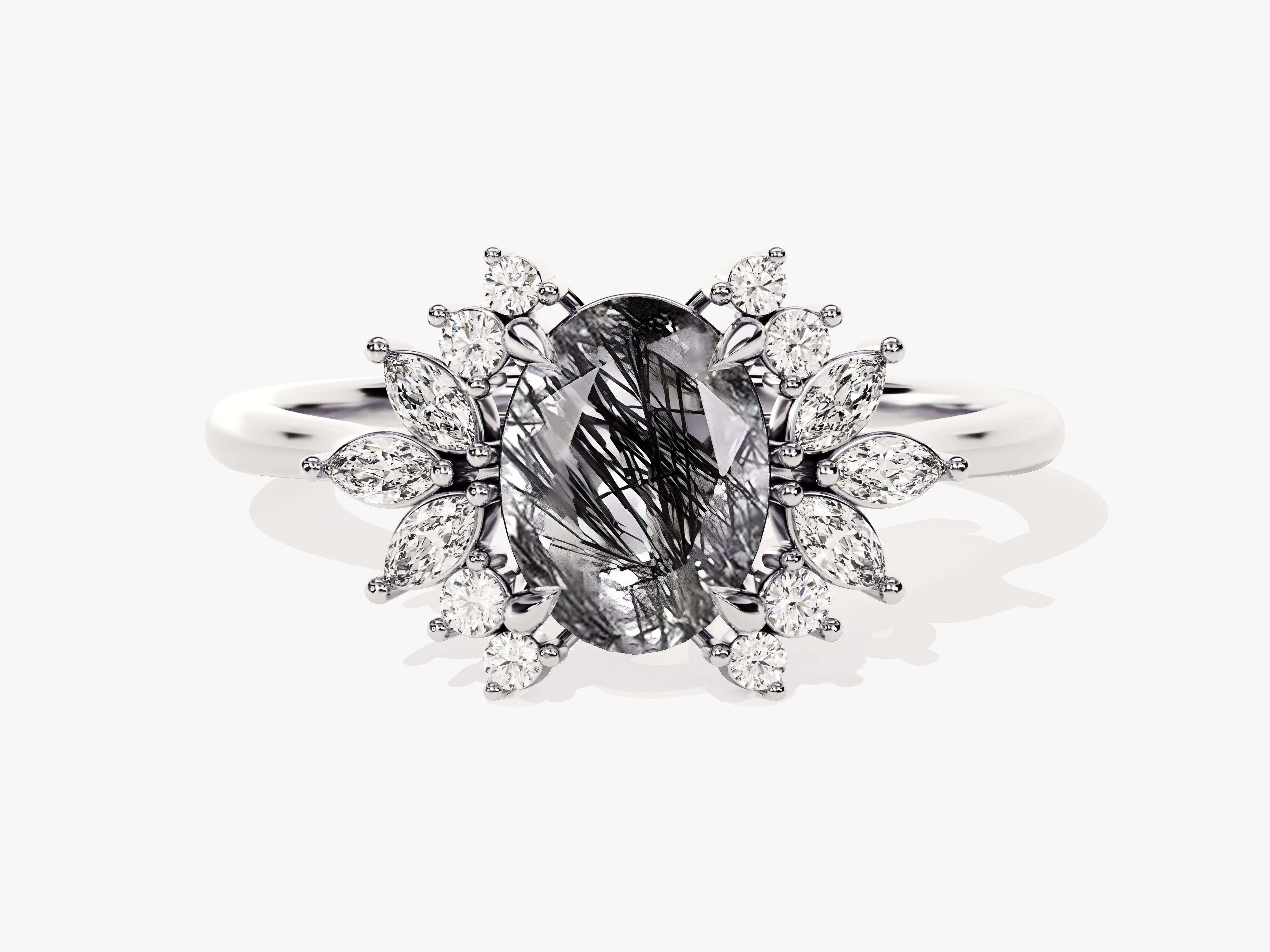 Oval Black Rutilated Quartz Engagement Ring with Moissanite Cluster.