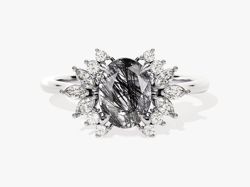 Oval Black Rutilated Quartz Engagement Ring with Moissanite Cluster.