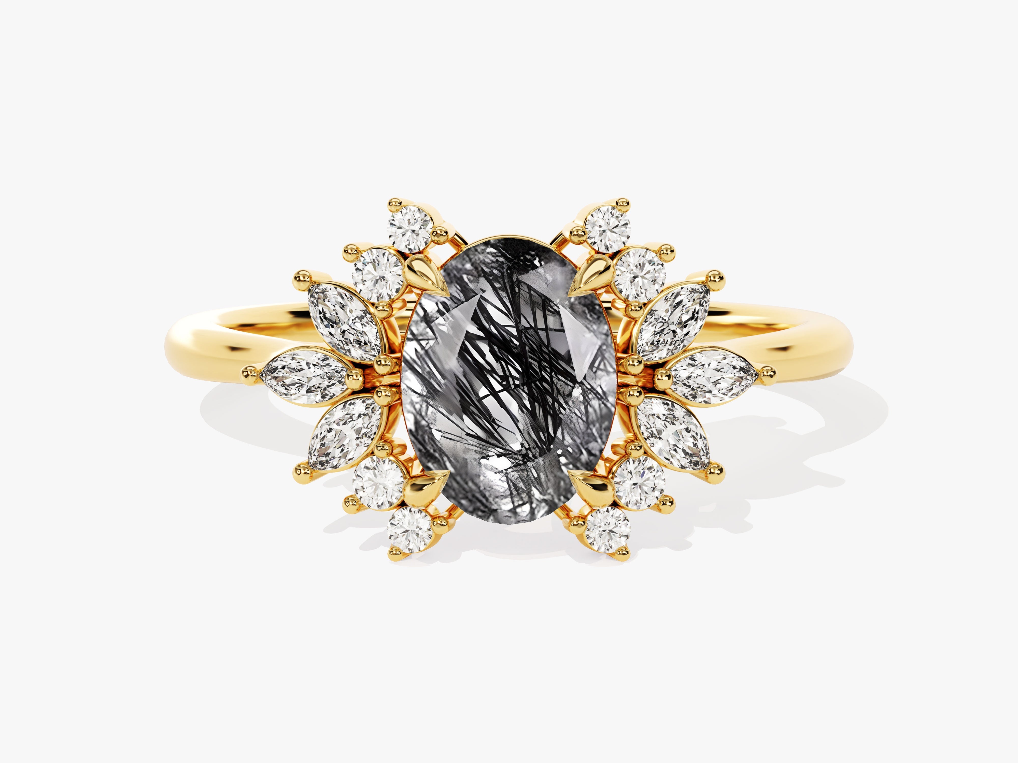 Oval Black Rutilated Quartz Engagement Ring with Moissanite Cluster.