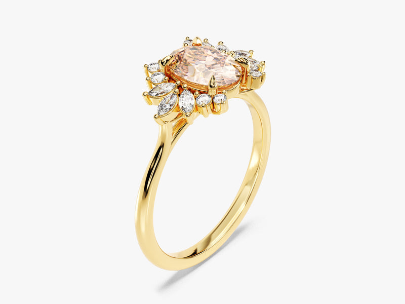 Oval Cut Peach Morganite Engagement Ring with Moissanite Cluster