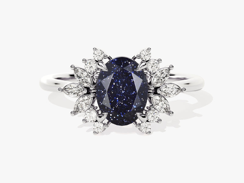 Oval Blue Sandstone Engagement Ring with Moissanite Cluster.