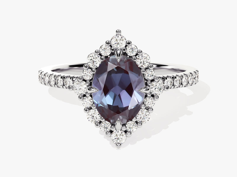 Oval Halo Lab Alexandrite Engagement Ring with Moissanite Sidestones