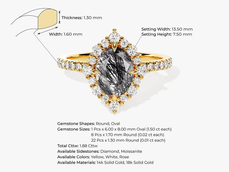 Oval Halo Black Rutilated Quartz Engagement Ring with Moissanite Sidestones