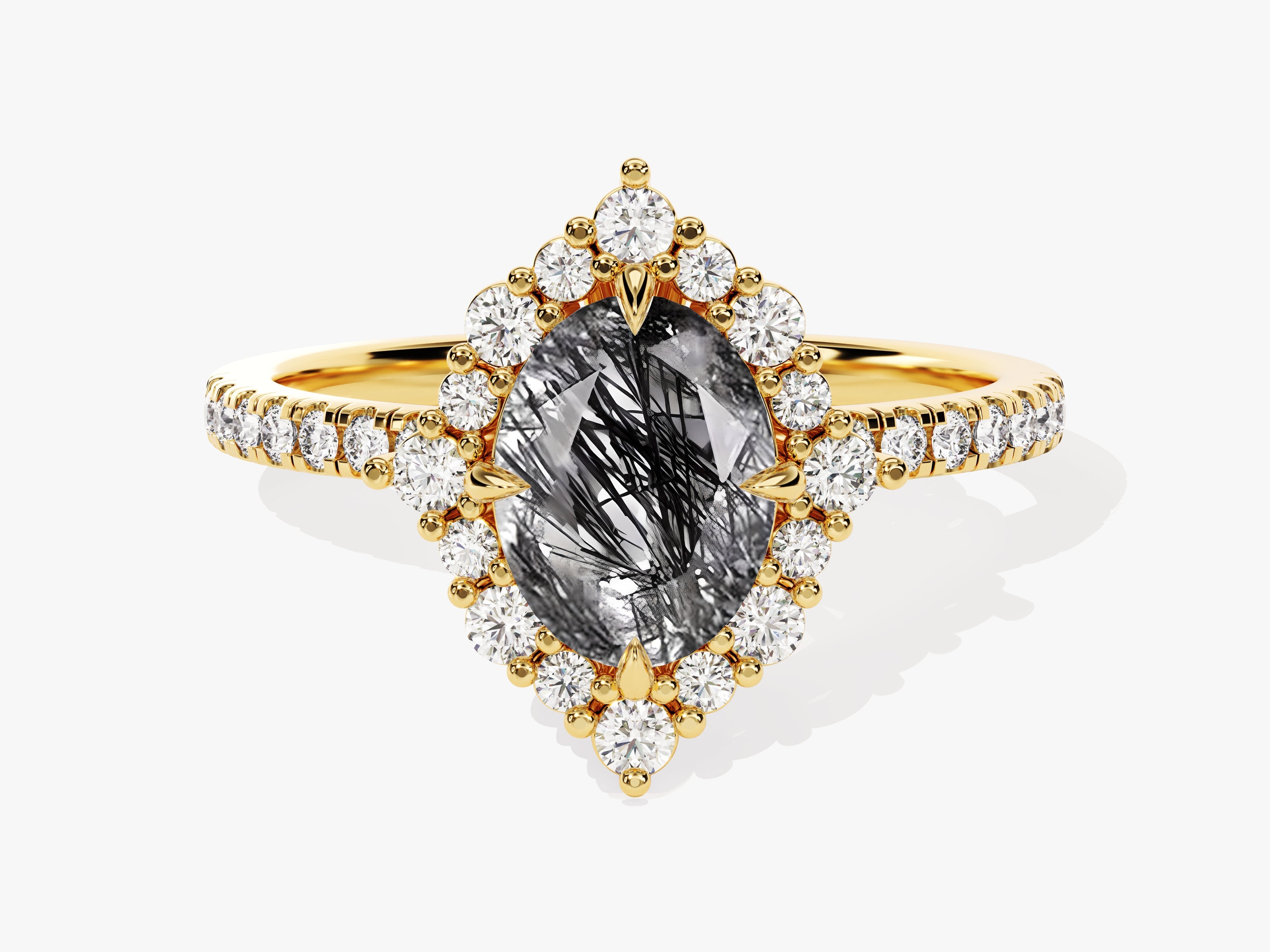 Oval Halo Black Rutilated Quartz Engagement Ring with Moissanite Sidestones