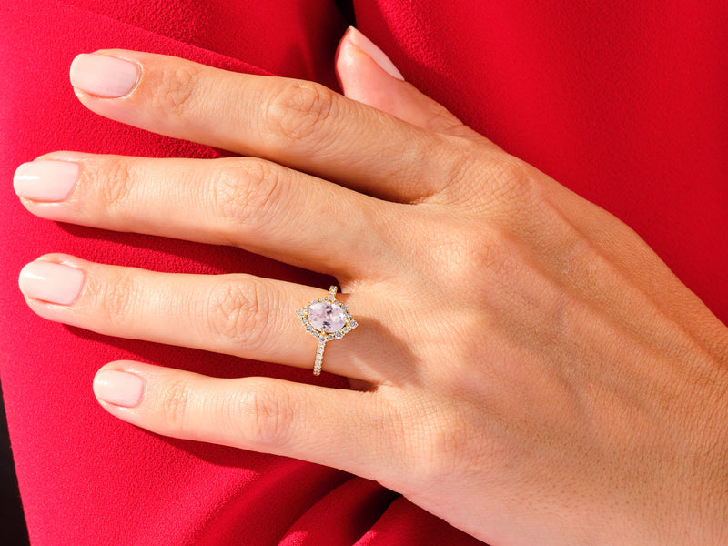 Vintage Halo Oval Cut Peach Morganite Engagement Ring with Sidestones