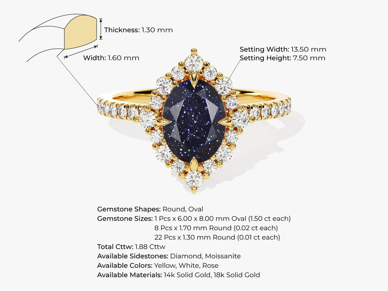 Oval Halo Blue Sandstone Engagement Ring with Moissanite Sidestones.