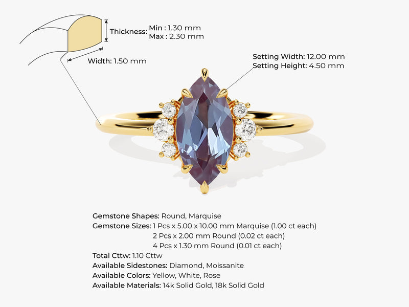 Marquise Lab Alexandrite Engagement Ring with Round Moissanite Sidestones