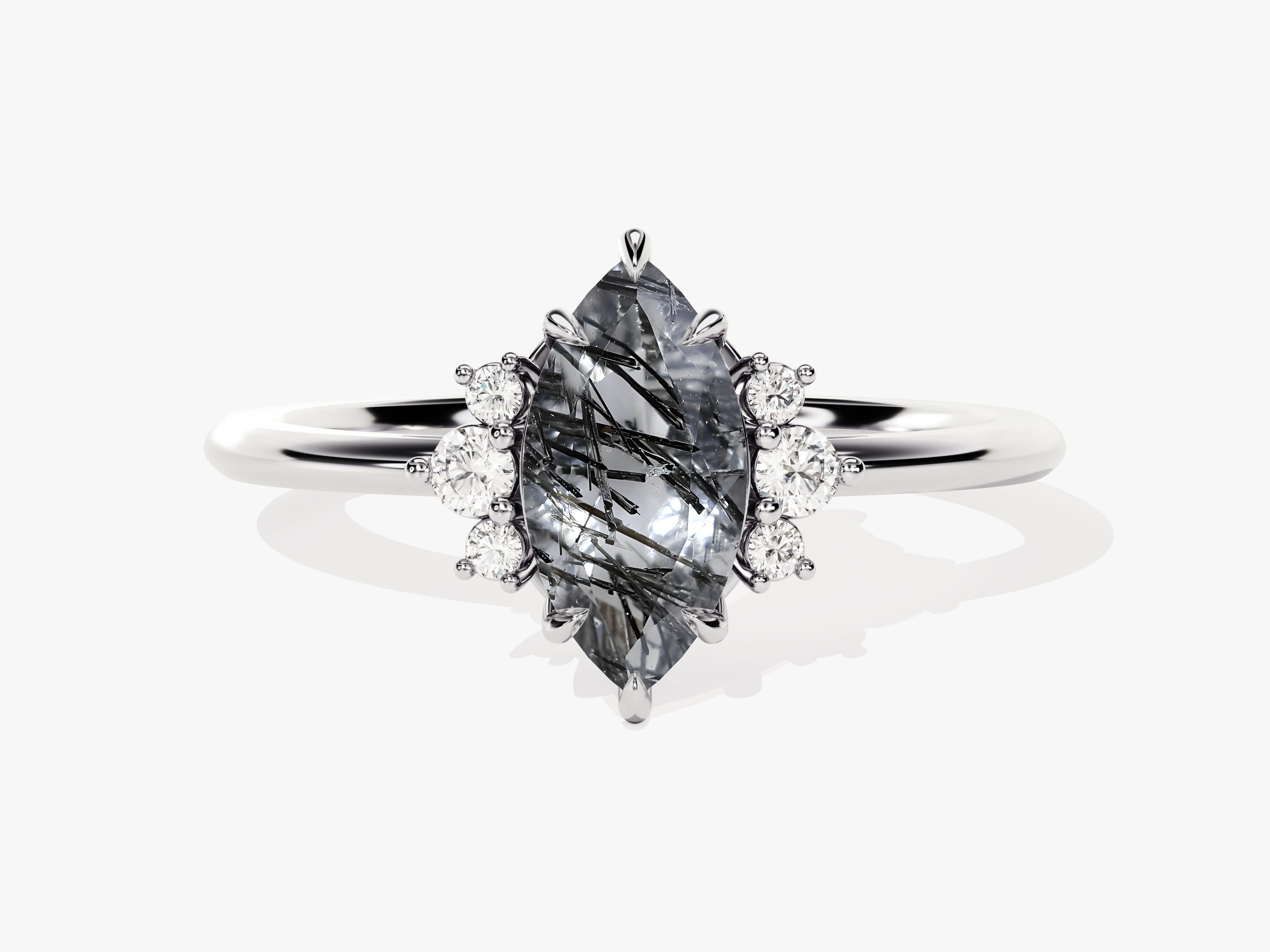 Marquise Black Rutilated Quartz Engagement Ring with Round Moissanite Sidestones