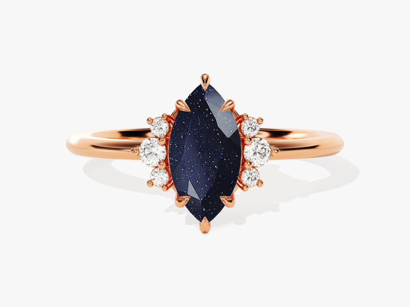 Marquise Blue Sandstone Engagement Ring with Round Moissanite Sidestones.