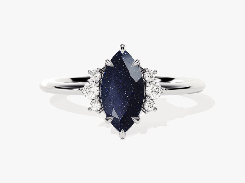 Marquise Blue Sandstone Engagement Ring with Round Moissanite Sidestones.
