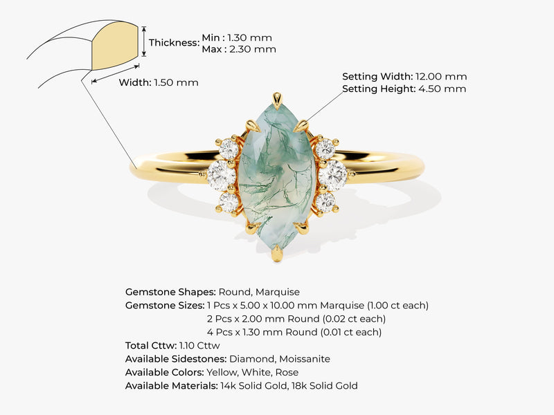 Marquise Moss Agate Engagement Ring with Round Moissanite Sidestones