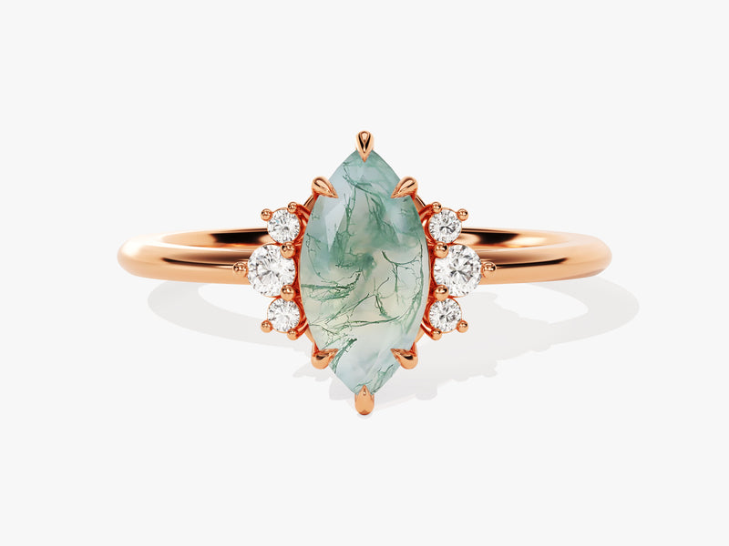 Marquise Moss Agate Engagement Ring with Round Moissanite Sidestones