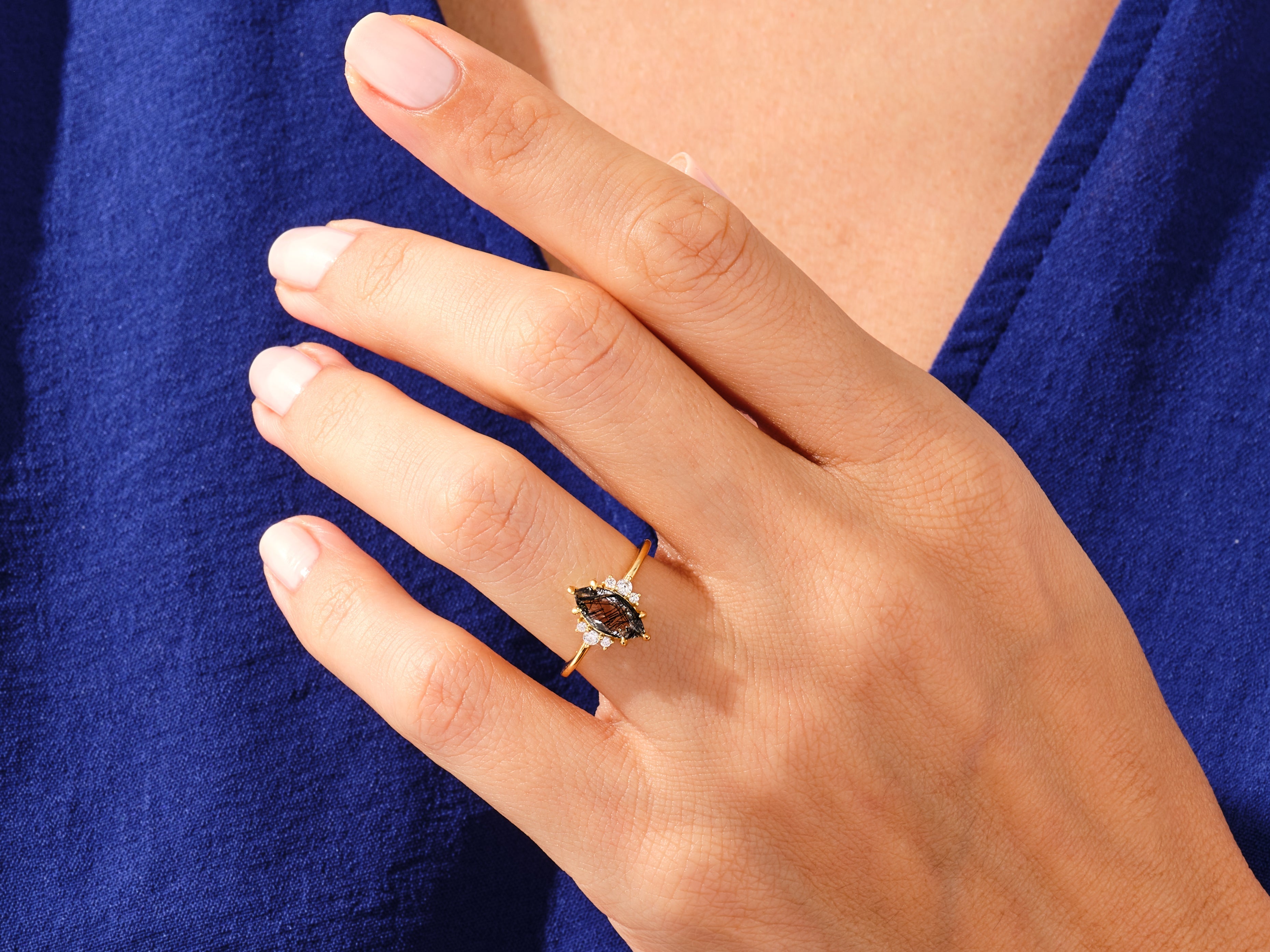 Marquise Black Rutilated Quartz Engagement Ring with Round Moissanite Sidestones