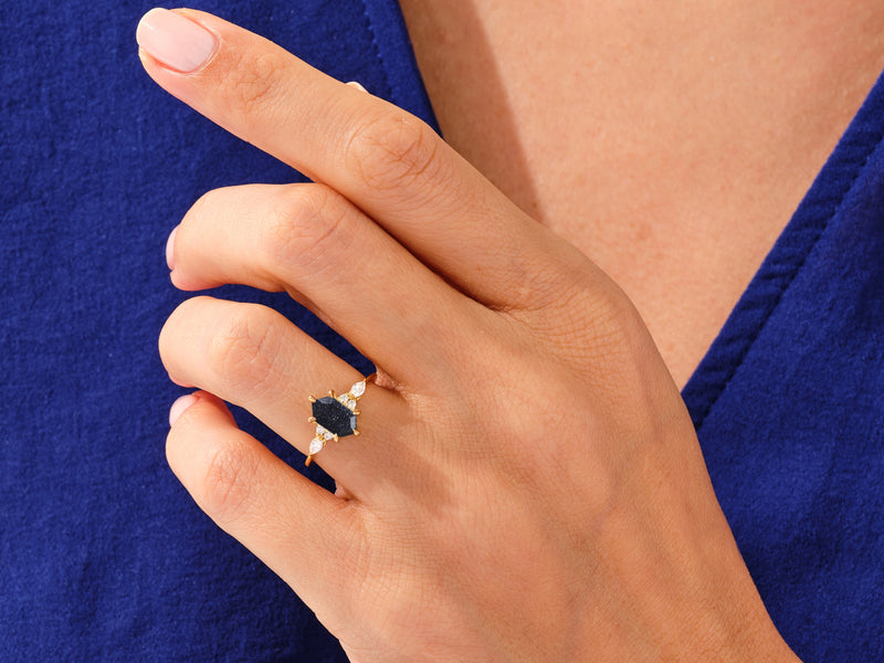 Long Hexagon Blue Sandstone Engagement Ring with Marquise Moissanite Sidestones.
