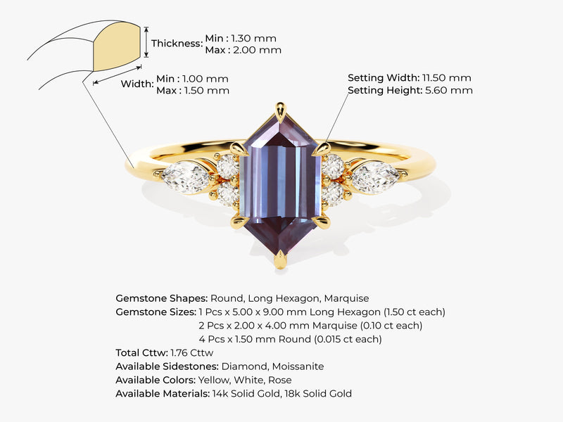 Long Hexagon Lab Alexandrite Engagement Ring with Marquise Moissanite Sidestones