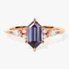 Long Hexagon Lab Alexandrite Engagement Ring with Marquise Moissanite Sidestones