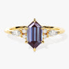 Long Hexagon Lab Alexandrite Engagement Ring with Marquise Moissanite Sidestones